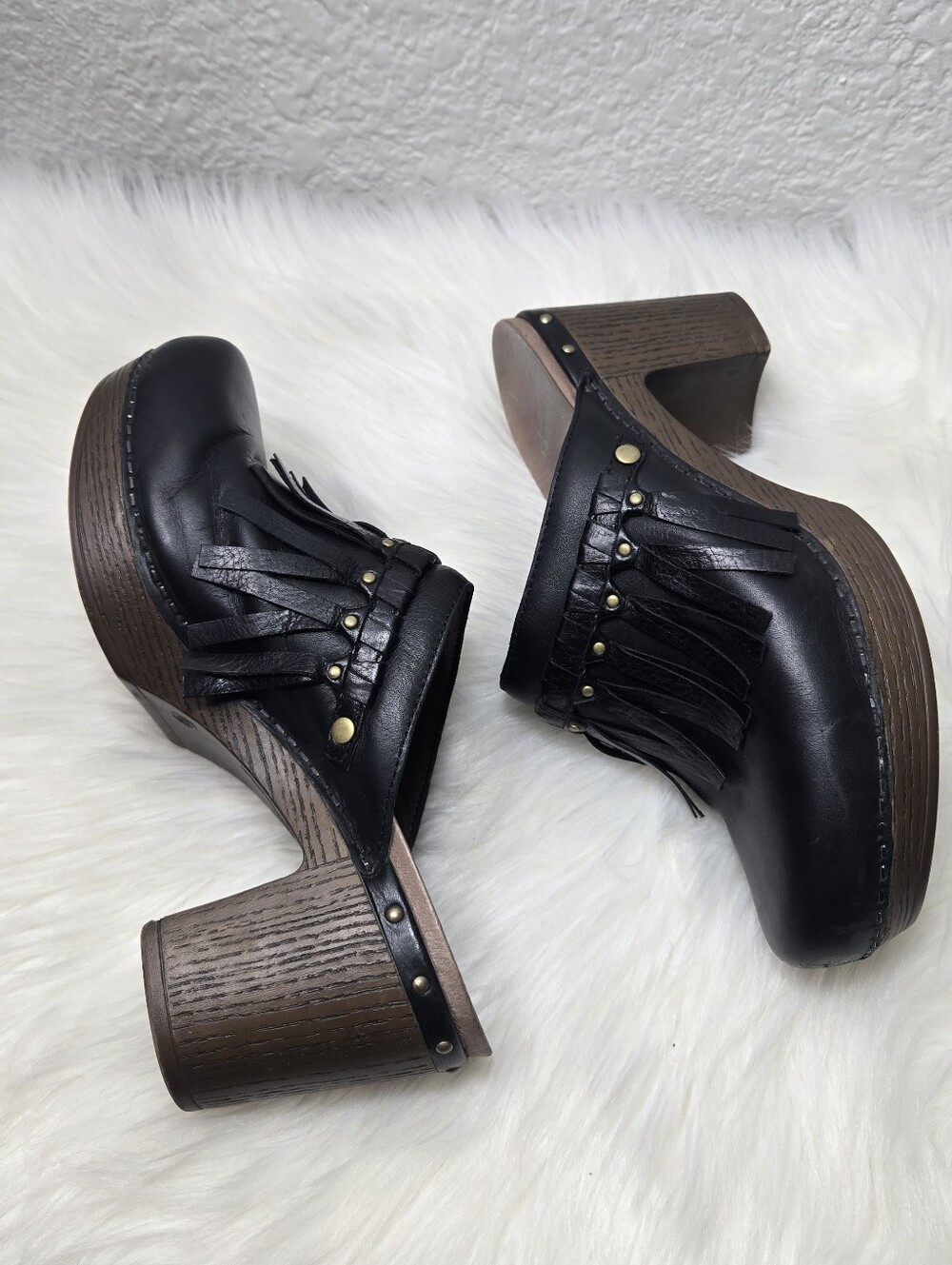 Dansko Black Leather Slip-on Fringe Clogs, Size 39